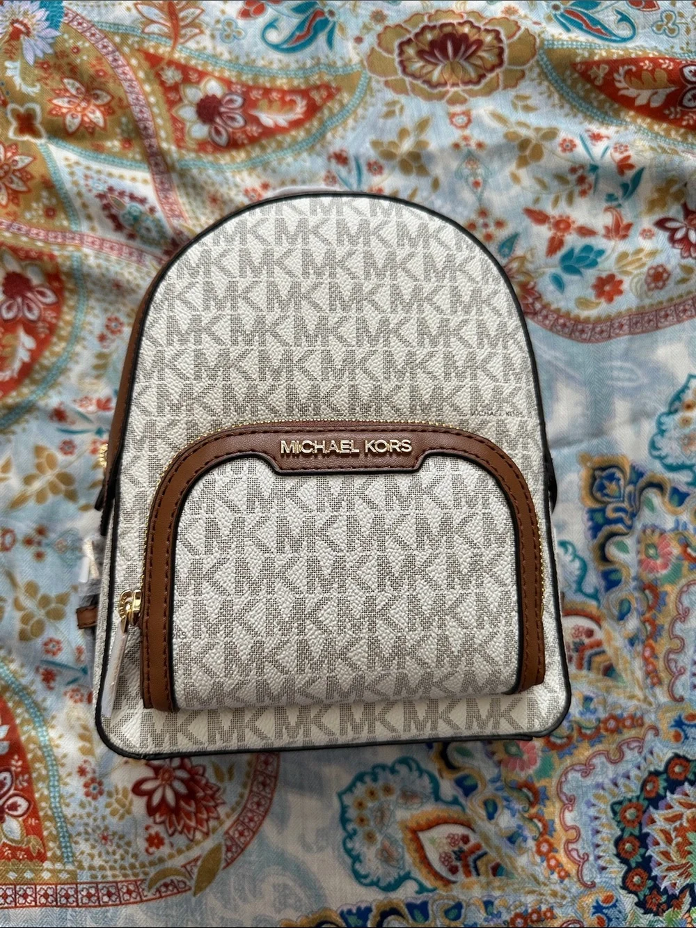 Michael Kors Beige Logo Mini Backpack with Brown Trim